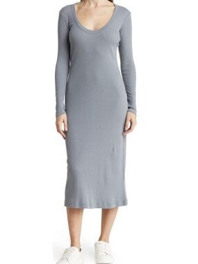 James Perse Scoop Neck Long-Sleeve Midi Dress - Light Gray size 4